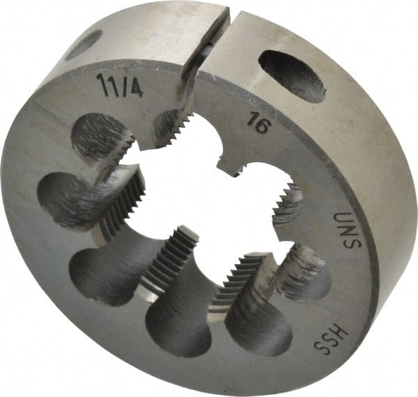 Interstate - 1-1/4 - 16 UNS Thread, 2-1/2" Outside Diam High Speed Steel Round Die - Right Hand Thread, Adjustable - Exact Tooling