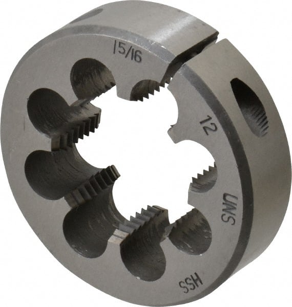 Interstate - 1-5/16 - 12 UNS Thread, 2-1/2" Outside Diam High Speed Steel Round Die - Right Hand Thread, Adjustable - Exact Tooling