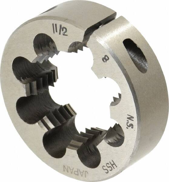 Interstate - 1-1/2 - 8 UNS Thread, 2-1/2" Outside Diam High Speed Steel Round Die - Right Hand Thread, Adjustable - Exact Tooling