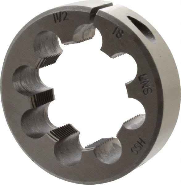 Interstate - 1-1/2 - 18 UNEF Thread, 2-1/2" Outside Diam High Speed Steel Round Die - Right Hand Thread, Adjustable - Exact Tooling