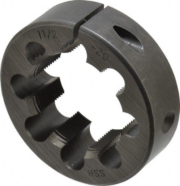 Interstate - 1-1/2 - 20 UNS Thread, 2-1/2" Outside Diam High Speed Steel Round Die - Right Hand Thread, Adjustable - Exact Tooling