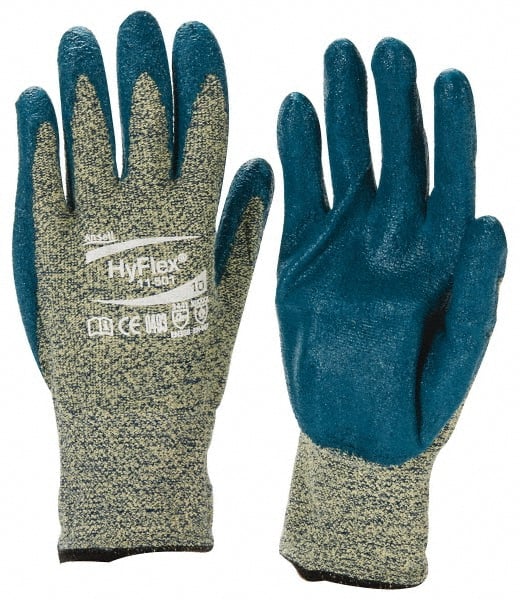 Ansell - Size XL (10), ANSI Cut Lvl 4, Abrasion Lvl 3, Nitrile Coated Cut Resistant Gloves - Palm & Fingers Coated, Kevlar Lining, Knit Wrist, Blue, Paired - Exact Tooling