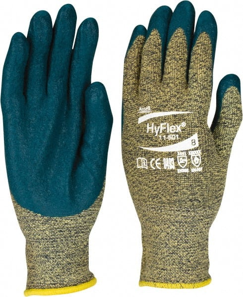 Ansell - Size M (8), ANSI Cut Lvl 4, Abrasion Lvl 3, Nitrile Coated Cut Resistant Gloves - Palm & Fingers Coated, Kevlar Lining, Knit Wrist, Blue, Paired - Exact Tooling