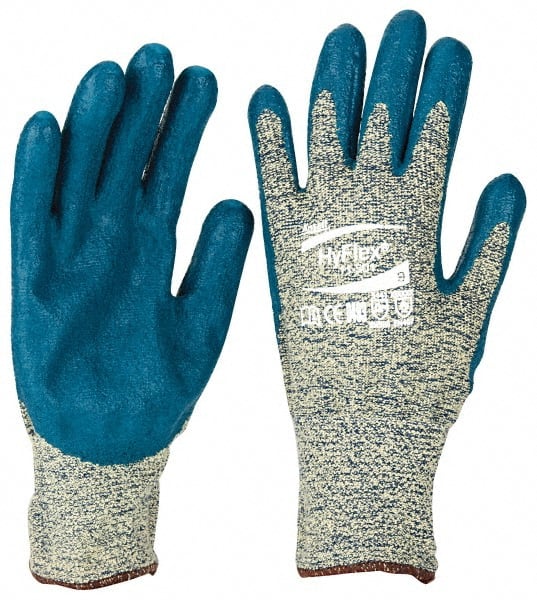 Ansell - Size L (9), ANSI Cut Lvl 4, Abrasion Lvl 3, Nitrile Coated Cut Resistant Gloves - Palm & Fingers Coated, Kevlar Lining, Knit Wrist, Blue, Paired - Exact Tooling