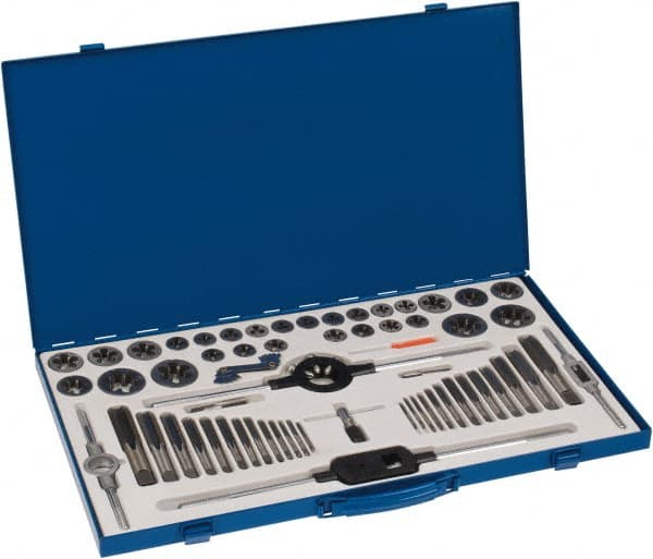 Interstate - #4-40 to 1-14 Tap, NPT, UNC, UNF, Tap and Die Set - Carbon Steel, Carbon Steel Taps, Nonadjustable, 64 Piece Set with Metal Case - Exact Tooling