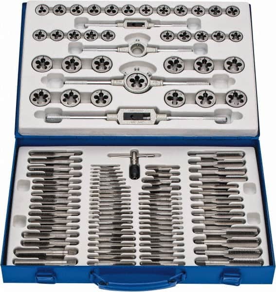 Interstate - M6x1.00 to M18x1.50 Tap, Metric Coarse, Metric Fine, NPT, UNC, UNF, Tap and Die Set - Carbon Steel, Carbon Steel Taps, Adjustable, 110 Piece Set with Metal Case - Exact Tooling
