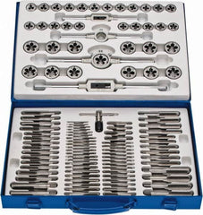 Interstate - M6x1.00 to M18x1.50 Tap, Metric Coarse, Metric Fine, NPT, UNC, UNF, Tap and Die Set - Carbon Steel, Carbon Steel Taps, Adjustable, 110 Piece Set with Metal Case - Exact Tooling