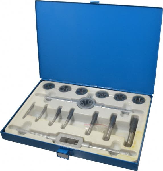 Interstate - 1/4-20 to 3/4-10 Tap, UNC, Tap and Die Set - Carbon Steel, Carbon Steel Taps, Adjustable, 16 Piece Set with Metal Case - Exact Tooling