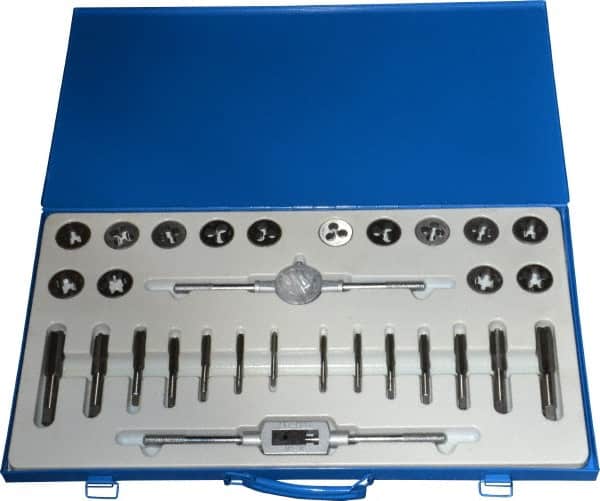 Interstate - 1/4-20 to 3/4-16 Tap, UNC, UNF, Tap and Die Set - Carbon Steel, Carbon Steel Taps, Nonadjustable, 30 Piece Set with Metal Case - Exact Tooling