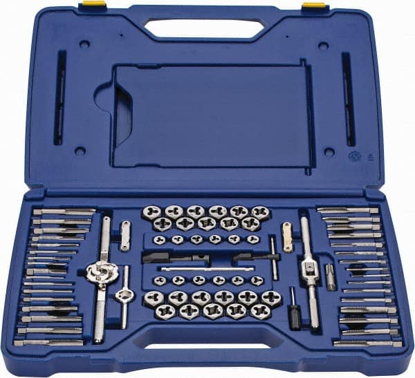 Irwin Hanson - M3x0.50 to M12x1.75 Tap, M3x0.50 to M12x1.75 Die, NPT, Tap and Die Set - Bright Finish Carbon Steel, Carbon Steel Taps, Nonadjustable 5/8, 1" Hex Size, 76 Piece Set with Plastic Case - Exact Tooling