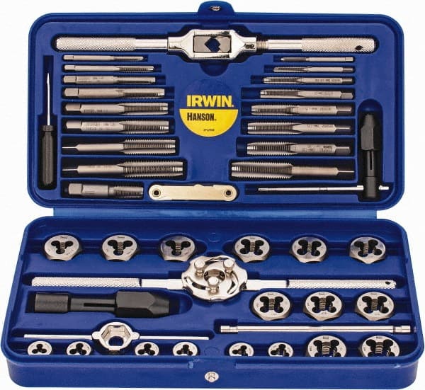 Irwin Hanson - M3x0.50 to M12x1.75 Tap, M3x0.50 to M12x1.75 Die, BSP, Metric Coarse, Metric Fine, Tap and Die Set - Bright Finish Carbon Steel, Carbon Steel Taps, Nonadjustable 5/8, 1" Hex Size, 41 Piece Set with Plastic Case - Exact Tooling