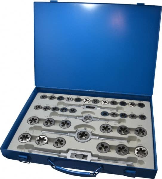 Interstate - M6x1.00 to M18x1.50 Tap, NPT, UNC, Tap and Die Set - High Speed Steel, High Speed Steel Taps, Adjustable, 110 Piece Set with Metal Case - Exact Tooling