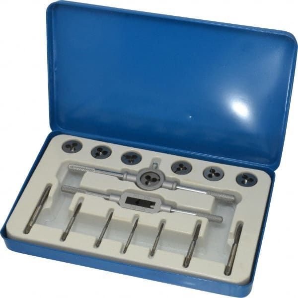 Interstate - #2-56 to #10-32 Tap, #4-40 to #4-40 Die, UNC, UNF, Tap and Die Set - Carbon Steel, Carbon Steel Taps, Adjustable, 16 Piece Set with Metal Case - Exact Tooling