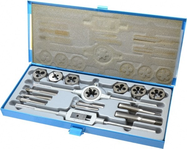 Interstate - 1/4-28 to 3/4-16 Tap, UNF, Tap and Die Set - High Speed Steel, High Speed Steel Taps, Adjustable, 16 Piece Set with Metal Case - Exact Tooling