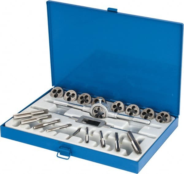 Interstate - M6x1.00 to M16x2.00 Tap, Metric Coarse, Tap and Die Set - High Speed Steel, High Speed Steel Taps, Adjustable, 20 Piece Set with Metal Case - Exact Tooling
