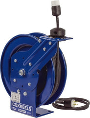 CoxReels - 12 AWG, 35' Cable Length, Cord & Cable Reel with Outlet End - 1 Outlet, NEMA 5-20R, 20 Amps, 115 Volts, SJO Cable, Blue Reel, Spring Driven Reel - Exact Tooling