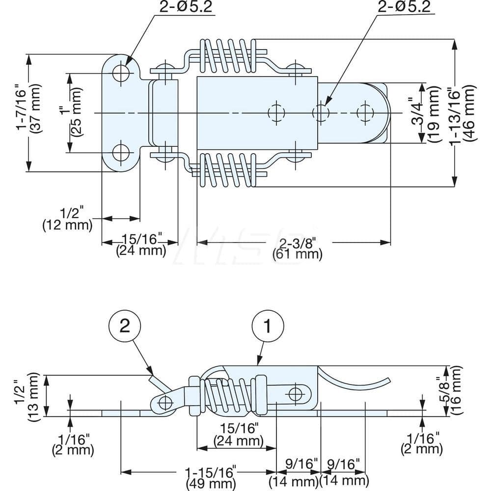 Latches; Type: Spring Loaded Compression Draw Latch; Length (mm): 61.00; Width (mm): 46.00; Height (mm): 16.0000; Finish/Coating: Polished; Distance Between Mounting Hole Centers: 25; Minimum Order Quantity: 304 Stainless Steel; Material: 304 Stainless St