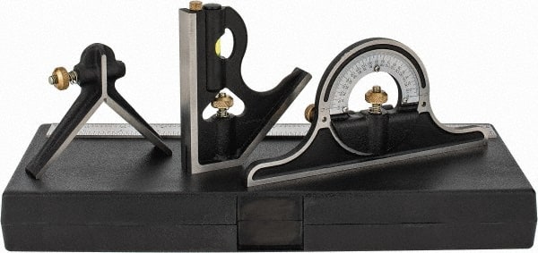 Starrett - 4 Piece, 12" Combination Square Set - 1/16, 1/32, 1/64 & 1/8" (4R) Graduation, Hardened Steel Blade, Cast Iron & Forged Steel Center, Protractor & Square Head - Exact Tooling