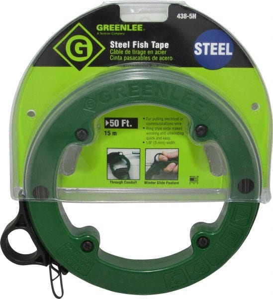 Greenlee - 50 Ft. Long x 1/8 Inch Wide, 3/64 Inch Thick, Steel Fish Tape - 400 Lb. Pulling Strength, Includes Case - Exact Tooling