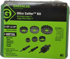 Greenlee - 9 Piece, 7/8" to 2-1/2" Saw Diam, Electrician's Hole Saw Kit - High Speed Steel, Toothed Edge, Includes 6 Hole Saws - Exact Tooling
