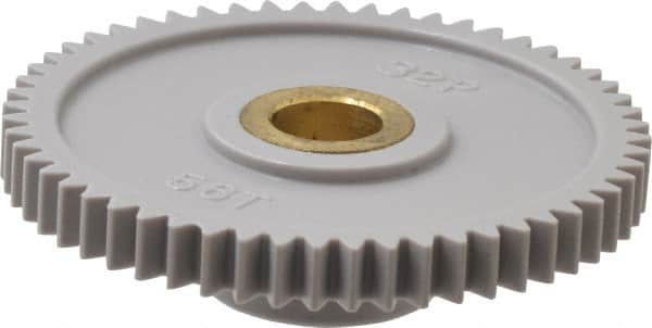 Made in USA - 32 Pitch, 1-3/4" Pitch Diam, 1-13/16" OD, 56 Tooth Spur Gear - 3/16" Face Width, 5/16" Bore Diam, 43/64" Hub Diam, 20° Pressure Angle, Acetal - Exact Tooling