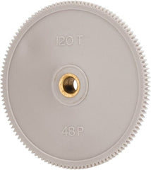 Made in USA - 48 Pitch, 2-1/2" Pitch Diam, 2.542" OD, 120 Tooth Spur Gear - 1/8" Face Width, 1/4" Bore Diam, 39/64" Hub Diam, 20° Pressure Angle, Acetal - Exact Tooling