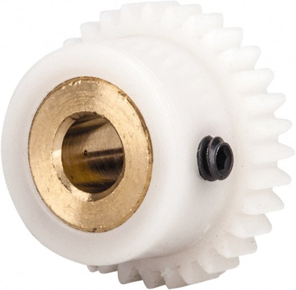 Made in USA - 48 Pitch, 0.667" Pitch Diam, 0.708" OD, 32 Tooth Spur Gear - 1/8" Face Width, 3/16" Bore Diam, 35/64" Hub Diam, 20° Pressure Angle, Acetal - Exact Tooling