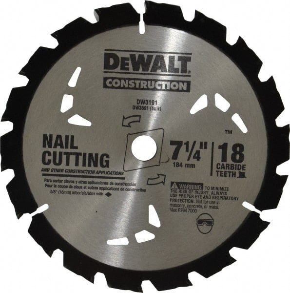 DeWALT - 7-1/4" Diam, 5/8" Arbor Hole Diam, 18 Tooth Wet & Dry Cut Saw Blade - Carbide-Tipped, General Purpose Action, Diamond Arbor - Exact Tooling