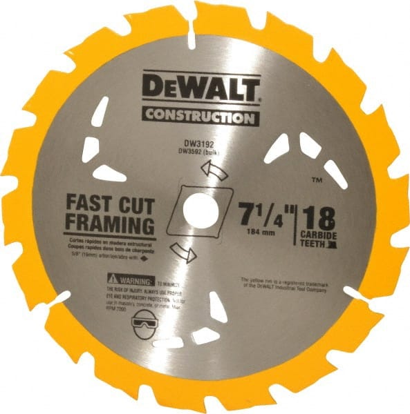 DeWALT - 7-1/4" Diam, 5/8" Arbor Hole Diam, 18 Tooth Wet & Dry Cut Saw Blade - Carbide-Tipped, General Purpose Action, Diamond Arbor - Exact Tooling