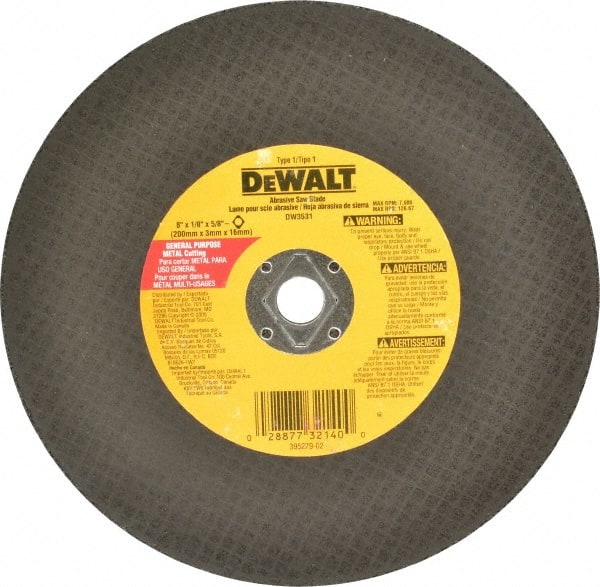 DeWALT - 8" Aluminum Oxide Cutoff Wheel - 1/8" Thick, 5/8" Arbor, 7,600 Max RPM, Use with Circular Saws - Exact Tooling