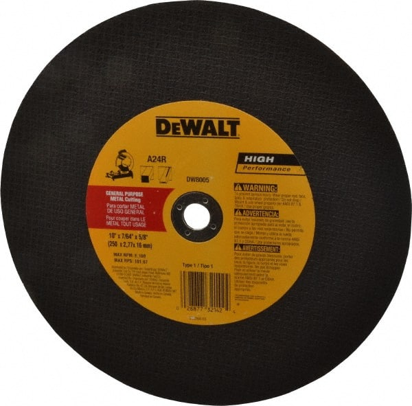 DeWALT - 10" 24 Grit Aluminum Oxide Cutoff Wheel - 7/64" Thick, 5/8" Arbor, 6,100 Max RPM, Use with Stationary Tools - Exact Tooling