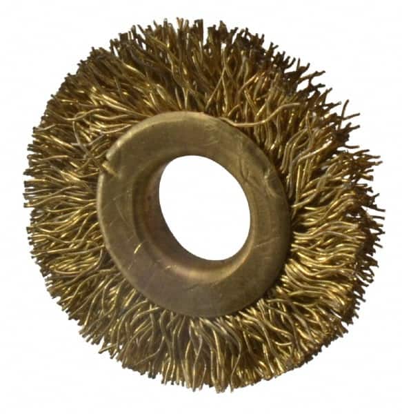 Value Collection - 1-1/4" OD, 3/8" Arbor Hole, Crimped Brass-Coated Steel Wheel Brush - 1/4" Face Width, 1/4" Trim Length, 0.012" Filament Diam, 20,000 RPM - Exact Tooling