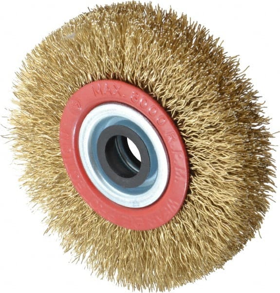 Value Collection - 4" OD, 3/4" Arbor Hole, Crimped Brass-Coated Steel Wheel Brush - 3/4" Face Width, 11/16" Trim Length, 0.014" Filament Diam, 8,000 RPM - Exact Tooling