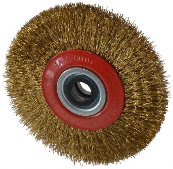 Value Collection - 5" OD, 3/4" Arbor Hole, Crimped Brass-Coated Steel Wheel Brush - 11/16" Face Width, 1-3/32" Trim Length, 0.014" Filament Diam, 6,000 RPM - Exact Tooling