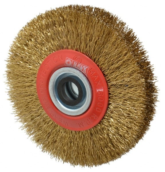 Value Collection - 5" OD, 3/4" Arbor Hole, Crimped Brass-Coated Steel Wheel Brush - 1" Face Width, 1-3/32" Trim Length, 0.014" Filament Diam, 6,000 RPM - Exact Tooling