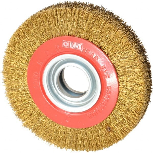 Value Collection - 6" OD, 1-1/4" Arbor Hole, Crimped Brass-Coated Steel Wheel Brush - 1" Face Width, 1-1/8" Trim Length, 0.014" Filament Diam, 6,000 RPM - Exact Tooling