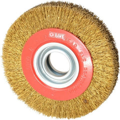 Value Collection - 6" OD, 1-1/4" Arbor Hole, Crimped Brass-Coated Steel Wheel Brush - 1" Face Width, 1-1/8" Trim Length, 0.014" Filament Diam, 6,000 RPM - Exact Tooling