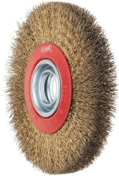 Value Collection - 7" OD, 1-1/4" Arbor Hole, Crimped Brass-Coated Steel Wheel Brush - 3/4" Face Width, 1-1/2" Trim Length, 0.014" Filament Diam, 6,000 RPM - Exact Tooling