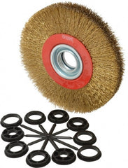 Value Collection - 7" OD, 1-1/4" Arbor Hole, Crimped Brass-Coated Steel Wheel Brush - 1" Face Width, 1-1/2" Trim Length, 0.014" Filament Diam, 6,000 RPM - Exact Tooling