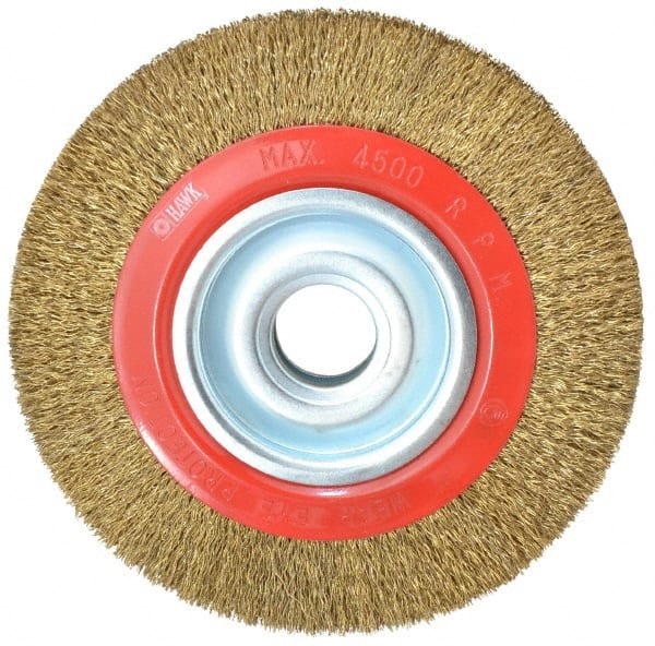 Value Collection - 8" OD, 1-1/4" Arbor Hole, Crimped Brass-Coated Steel Wheel Brush - 1" Face Width, 1-11/32" Trim Length, 0.014" Filament Diam, 4,500 RPM - Exact Tooling