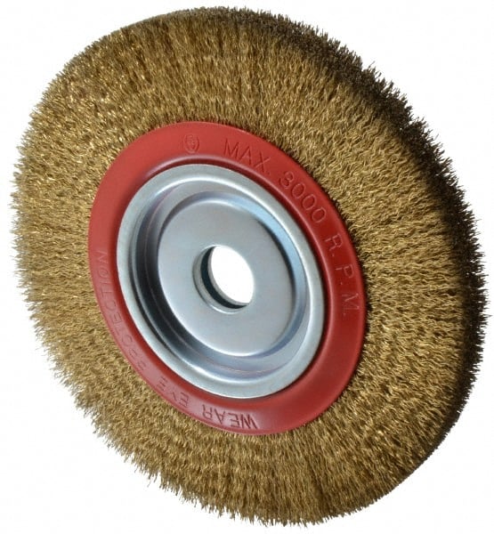 Value Collection - 10" OD, 1-1/4" Arbor Hole, Crimped Brass-Coated Steel Wheel Brush - 1" Face Width, 1-15/32" Trim Length, 0.014" Filament Diam, 3,000 RPM - Exact Tooling