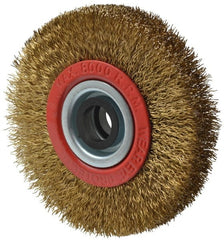 Value Collection - 4" OD, 3/4" Arbor Hole, Crimped Brass-Coated Steel Wheel Brush - 5/8" Face Width, 11/16" Trim Length, 0.012" Filament Diam, 8,000 RPM - Exact Tooling