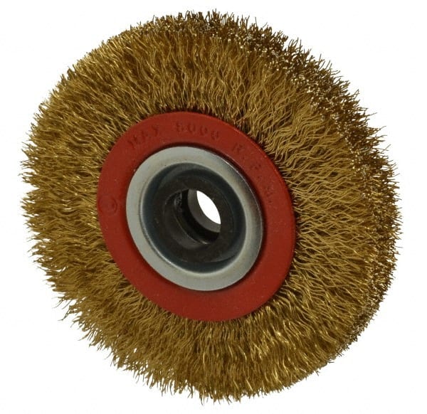Value Collection - 4" OD, 3/4" Arbor Hole, Crimped Brass-Coated Steel Wheel Brush - 3/4" Face Width, 11/16" Trim Length, 0.012" Filament Diam, 8,000 RPM - Exact Tooling