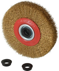 Value Collection - 5" OD, 3/4" Arbor Hole, Crimped Brass-Coated Steel Wheel Brush - 1" Face Width, 1-3/32" Trim Length, 0.012" Filament Diam, 6,000 RPM - Exact Tooling