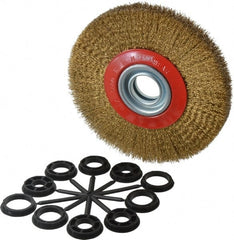 Value Collection - 7" OD, 1-1/4" Arbor Hole, Crimped Brass-Coated Steel Wheel Brush - 1" Face Width, 1-1/2" Trim Length, 0.012" Filament Diam, 6,000 RPM - Exact Tooling