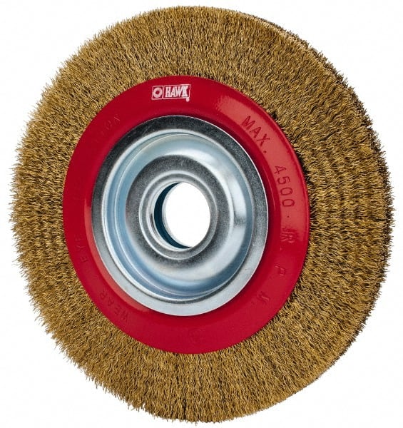 Value Collection - 8" OD, 1-1/4" Arbor Hole, Crimped Brass-Coated Steel Wheel Brush - 3/4" Face Width, 1-11/32" Trim Length, 0.012" Filament Diam, 4,500 RPM - Exact Tooling