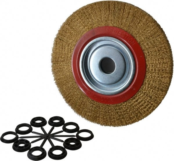 Value Collection - 10" OD, 1-1/4" Arbor Hole, Crimped Brass-Coated Steel Wheel Brush - 1" Face Width, 1-15/32" Trim Length, 0.012" Filament Diam, 3,000 RPM - Exact Tooling