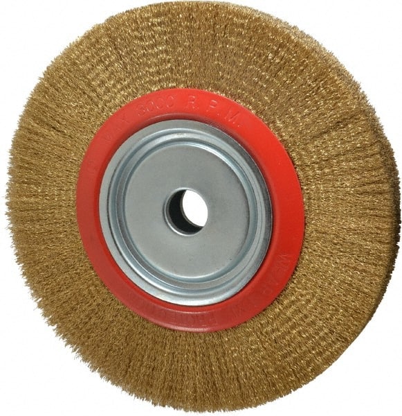 Value Collection - 12" OD, 1-1/4" Arbor Hole, Crimped Brass-Coated Steel Wheel Brush - 1-21/32" Face Width, 2-3/8" Trim Length, 0.012" Filament Diam, 3,000 RPM - Exact Tooling