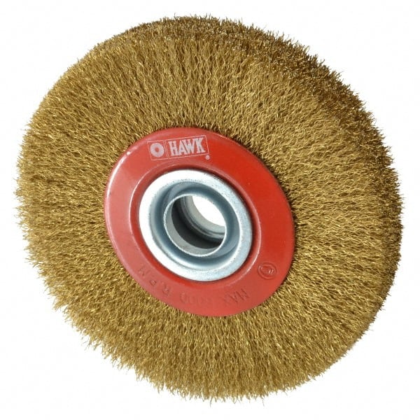Value Collection - 5" OD, 3/4" Arbor Hole, Crimped Brass-Coated Steel Wheel Brush - 1" Face Width, 1-3/32" Trim Length, 0.007" Filament Diam, 6,000 RPM - Exact Tooling