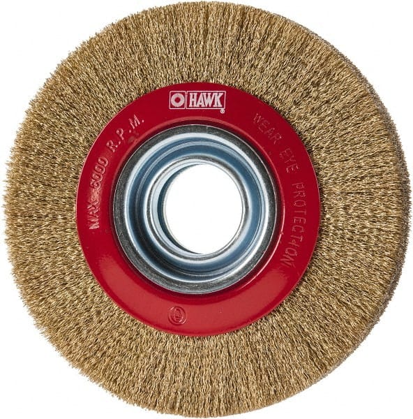 Value Collection - 6" OD, 1-1/4" Arbor Hole, Crimped Brass-Coated Steel Wheel Brush - 1" Face Width, 1-1/8" Trim Length, 0.007" Filament Diam, 6,000 RPM - Exact Tooling